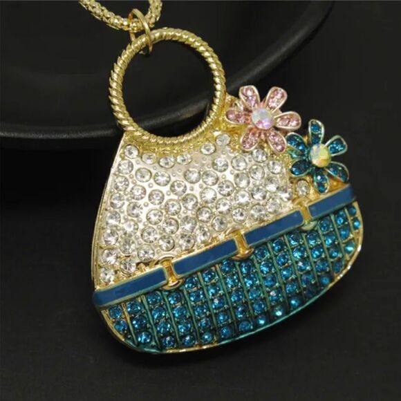 Blue Enamel Cute Basket Flower Crystal Pendant Chain Necklace NWOT - Picture 3 of 3